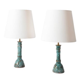 Turquoise and Brown Table Lamps, Set of 2 For Sale