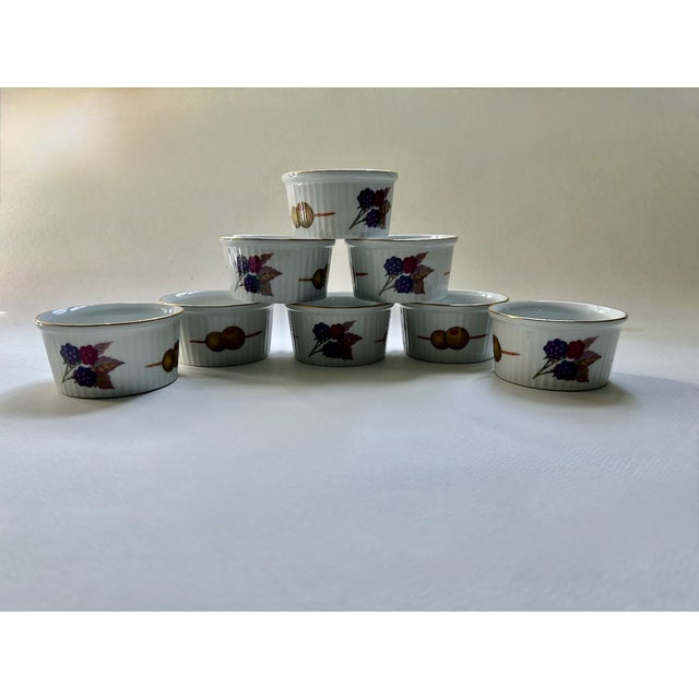 Set of 8 English Royal Worcester Evesham pattern White Porcelain Ramekins. Featuring smoothly ridged circular White...