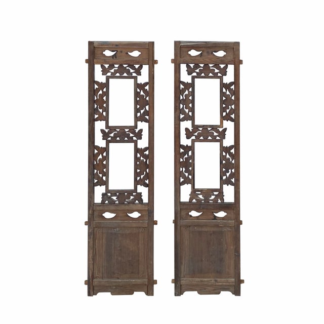 Chinese Pair Chinese Vintage Restored Wood Brown Flower Carving Wall Hanging Art For Sale - Image 3 of 7