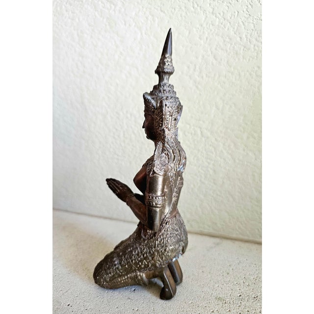 Early 20th Century Thai Bronze Thepphanom Devata Statue – Kneeling Celestial Guardian, 9” For Sale In San Diego - Image 6 of 12