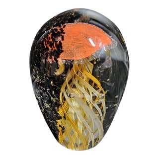 Vintage Murano Style Blown Art Glass Orange, Yellow & Black Jellyfish Paperweight For Sale