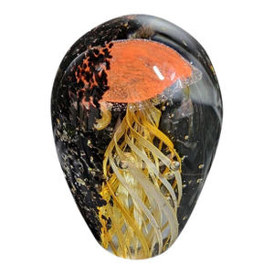 Vintage Murano Style Blown Art Glass Orange, Yellow & Black Jellyfish Paperweight
