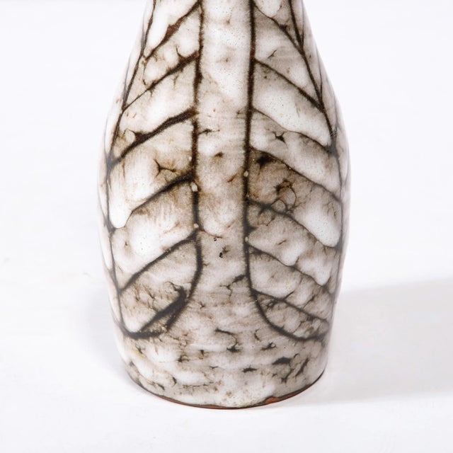Ceramic Mid-Century Modernist White and Earth Toned Tapered Ceramic Vase With Leaf Motif For Sale - Image 7 of 13