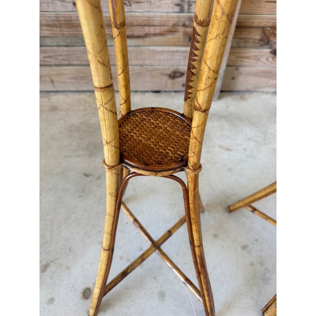 Vintage Pair of Faux Bamboo and Woven Rattan Plant Stands For Sale In Naples, FL - Image 6 of 12
