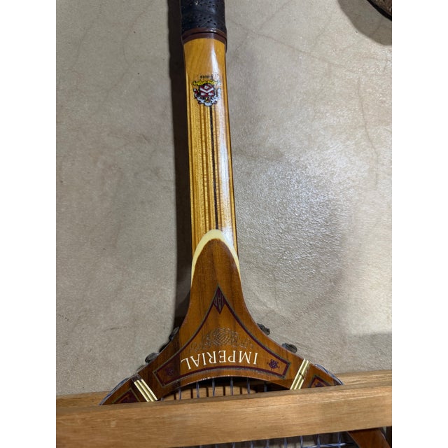 1970s Mid-Century Vintage t.a. Davis "Hi-Point" Wooden Tennis Rackets in Braces - Pair For Sale - Image 5 of 11