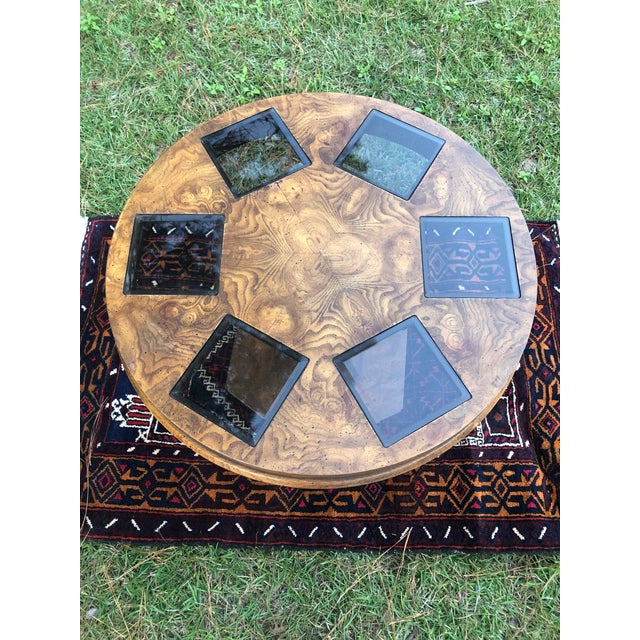 Mid Century Burlwood Pedestal Table With Inset Smoked ...