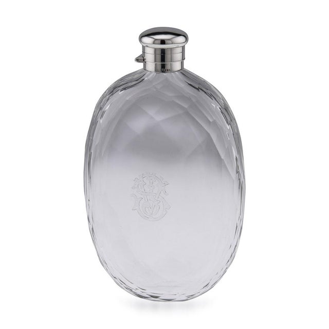 19th Century Victorian silver and cut glass spirit flask, unusually large, of rounded oval form, with a plain hinged and...