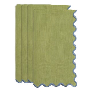 Limerick Scallop Linen Dinner Napkins in Green with Blue Trim - Set of 4 For Sale