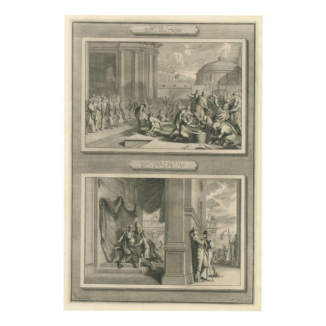 Pieter Mortier, Punishment of Adonibezek and Ehud Kills Eglon, 1700, Engraving For Sale