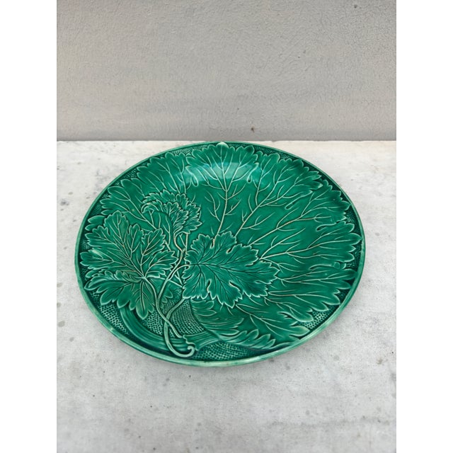 French Green Majolica Leaves Plate Montereau, circa 1890.