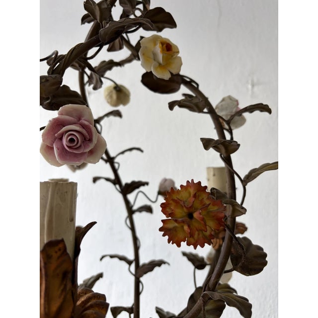 Late 19th Century Italian Petit Tole With Porcelain Flowers Polychrome Chandelier, C. 1870 For Sale - Image 5 of 13