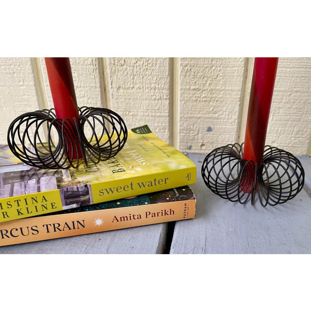 1990s Mid-Century Atomic Candle Holders with Candles - a Pair For Sale - Image 5 of 13