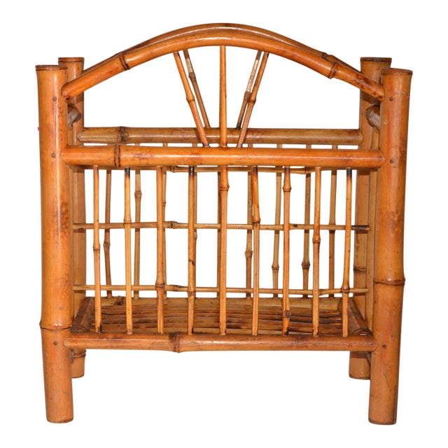 1950s Chinoiserie Bamboo Hand-Crafted Magazine Rack Newspaper Stand For Sale