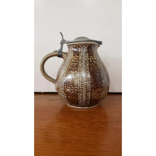 Rustic European Circa 1890 German Raeren Stoneware Lidded Jug With Tudor Style Rose Seal For Sale - Image 3 of 11