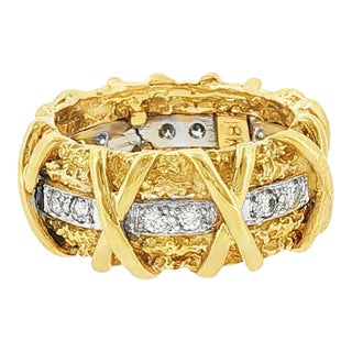 1970's 18 Karat and Diamond X-Design Wide Textured Band Ring, Size 6.5 For Sale