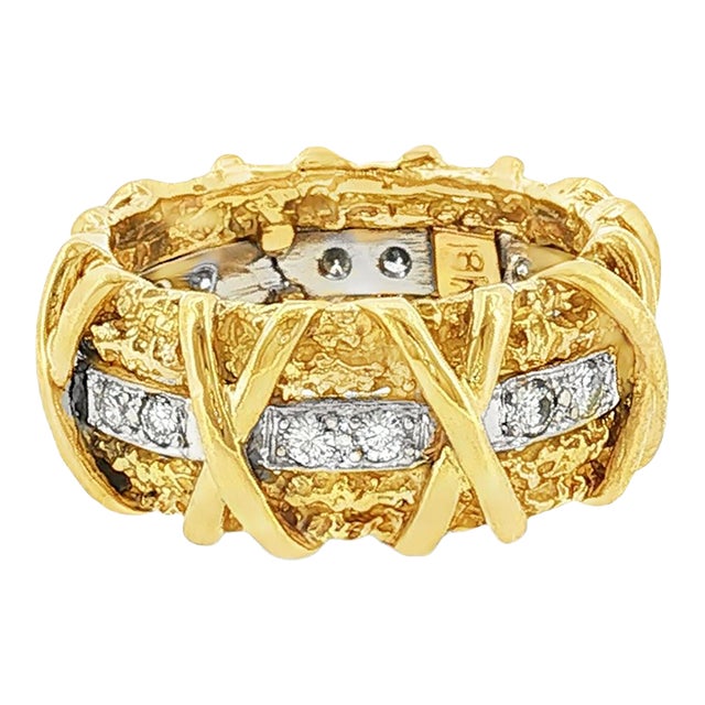 1970's 18 Karat and Diamond X-Design Wide Textured Band Ring, Size 6.5 For Sale