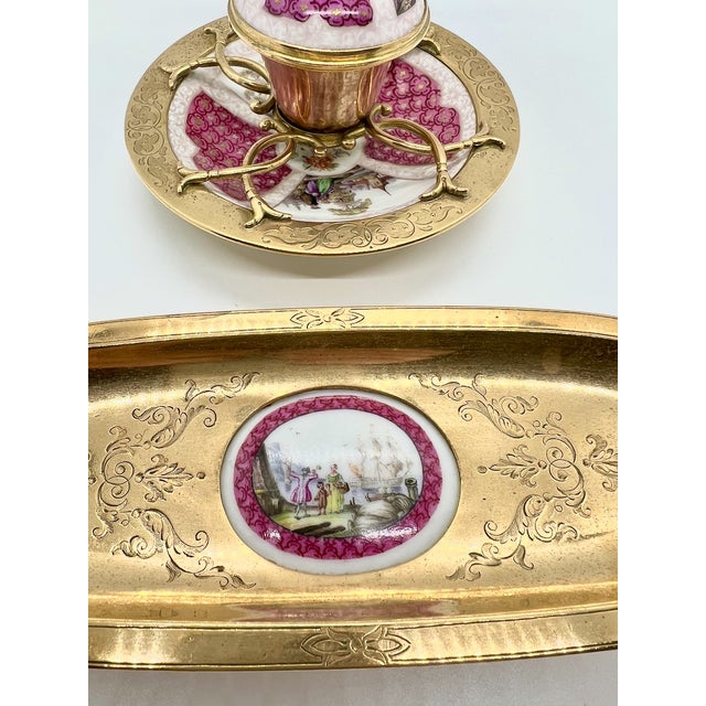 Antique Paris Porcelain Inkwell and Pen Tray with Watteau Scenes and Gilt Brass, 19th Century, Set of 2 For Sale - Image 4 of 15