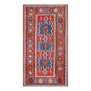1890s Red Geometric Tribal Antique Kilim Oushak Rug 4'10" X 9'7" Flatweave Wool Carpet For Sale