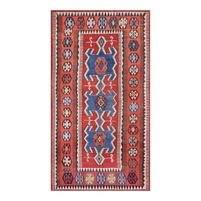1890s Red Geometric Tribal Antique Kilim Oushak Rug 4'10" X 9'7" Flatweave Wool Carpet For Sale