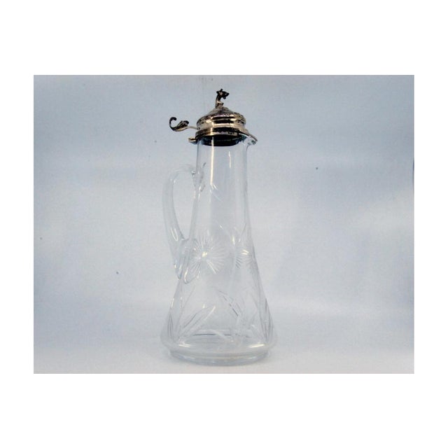 Glass Jug with Animal on the Handle, Silver Lid and Glass Handle, in Good conditions.