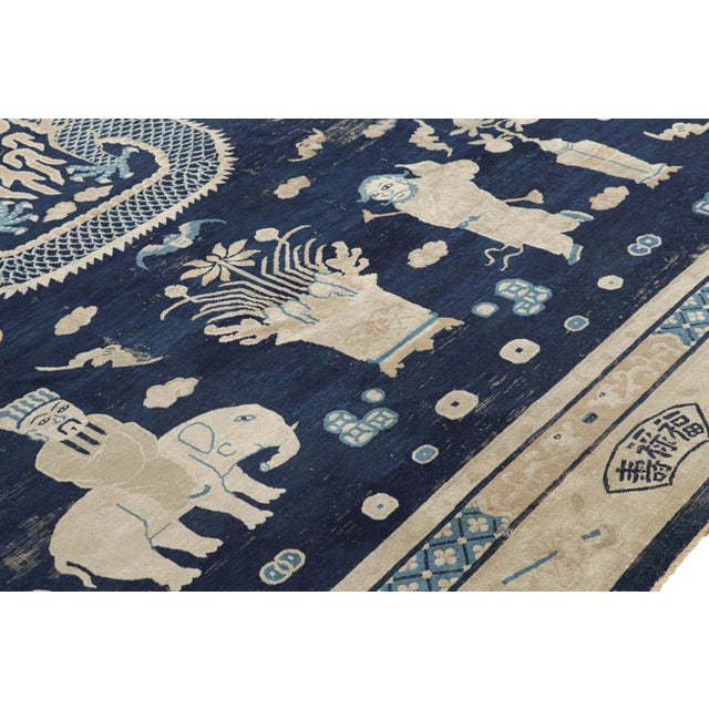 Textile Oversized Antique Chinese Peking Rug in Navy Blue With Pictorials - Rug & Kilim For Sale - Image 7 of 9