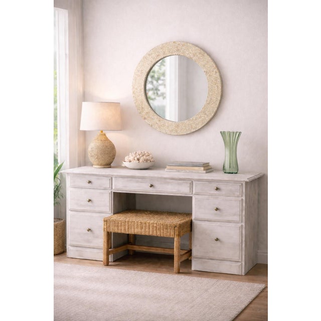 Vintage Fluted Green Glass Vase – Ribbed Coastal Art Glass, 9” Scalloped Rim For Sale - Image 4 of 6