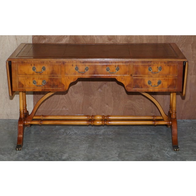 Brown Leather & Burr Yew Wood Extending Writing Desk For Sale - Image 10 of 18
