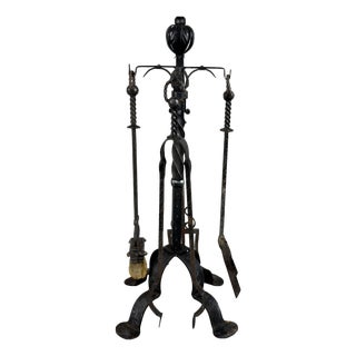 Vintage Wrought Iron Fireplace Set Floor Lamp with Tools, 1940s For Sale