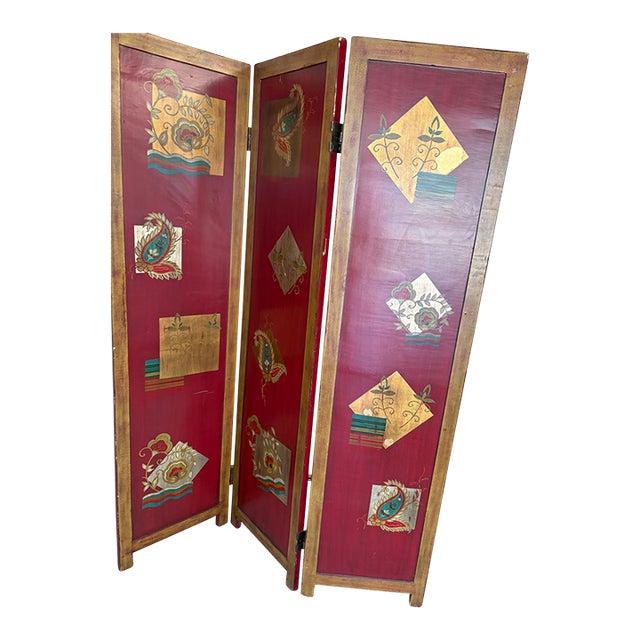 Vintage Mid-Century Vienna Werkstatte Style Three-Panel Hand-Painted Wood Screen Room Divider (Pier 1) For Sale