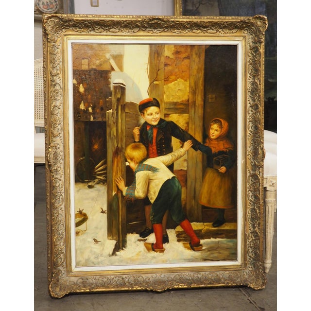 19th Century Oil on Canvas Painting, Children Playing in Winter, Alsace, France For Sale - Image 14 of 16