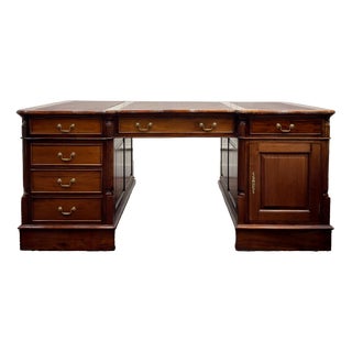 English Partner Desk with Burgundy Leather Top For Sale
