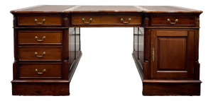 English Partner Desk with Burgundy Leather Top