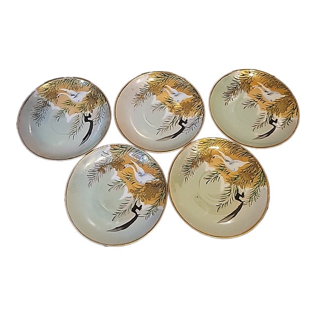 Vintage Japanese Crane Hand Painted Porcelain Plates/Saucers - Set of 5 For Sale