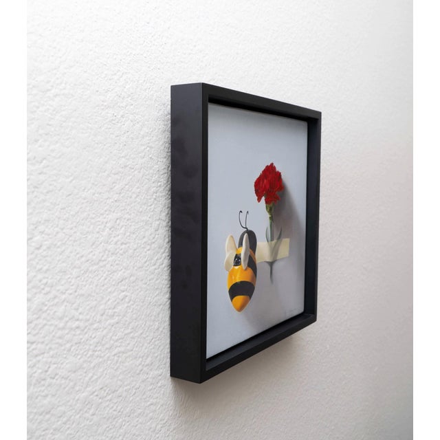 Contemporary The Dance by Karina Rodríguez | Oil on wood panel Bee and red carnation against a light background For Sale - Image 3 of 3