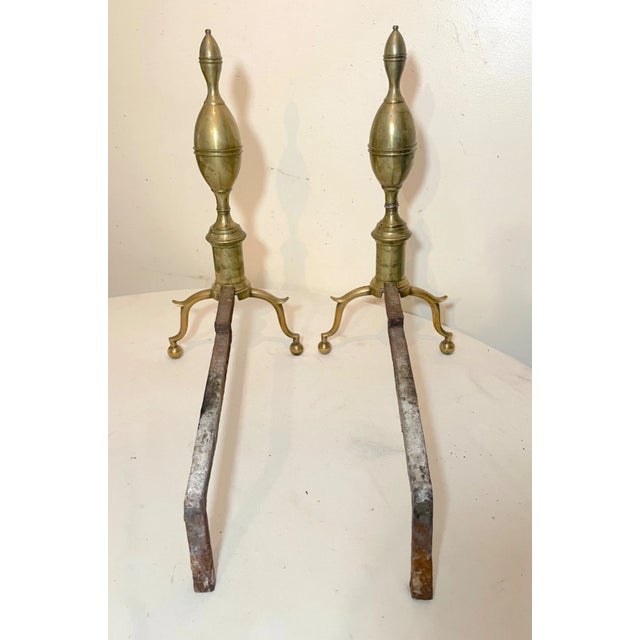 Pair of Antique 1700's Peened Brass Wrought Iron Federal Double Lemon Andirons For Sale - Image 11 of 14