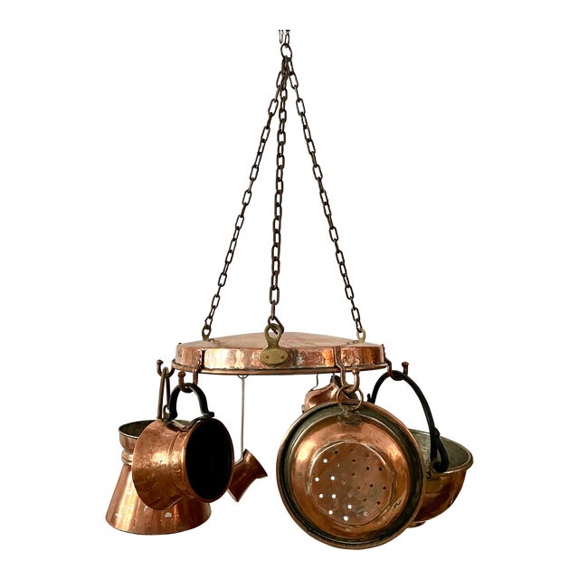 Hanging Copper Pot Rack With 6 Kitchen Copper Accessories | Chairish