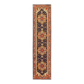 Fine Hand Knotted Navy Serapi Design Runner For Sale
