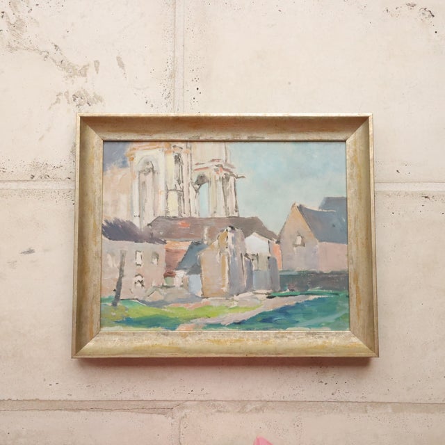 20th Century French River Boat Painting presents a softly composed French village scene with loose, painterly brushwork...