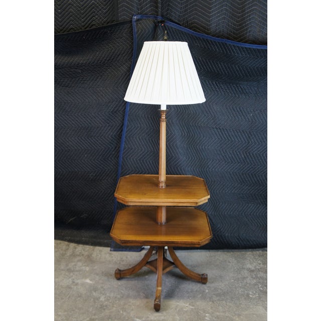 Mid Century French Country Walnut Tiered 3 Light Torchiere Floor Lamp End Table For Sale - Image 4 of 12