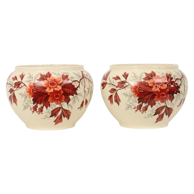 Large Antique Flower Pots Cachepots with Floral Decor, Set of 2 For Sale - Image 9 of 18