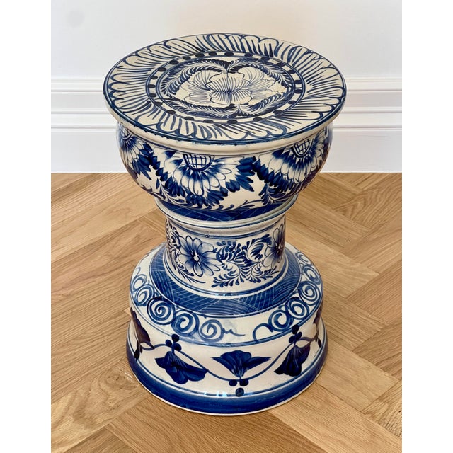 Vintage Hand-Painted Blue & White Ceramic Garden Stool For Sale - Image 9 of 9