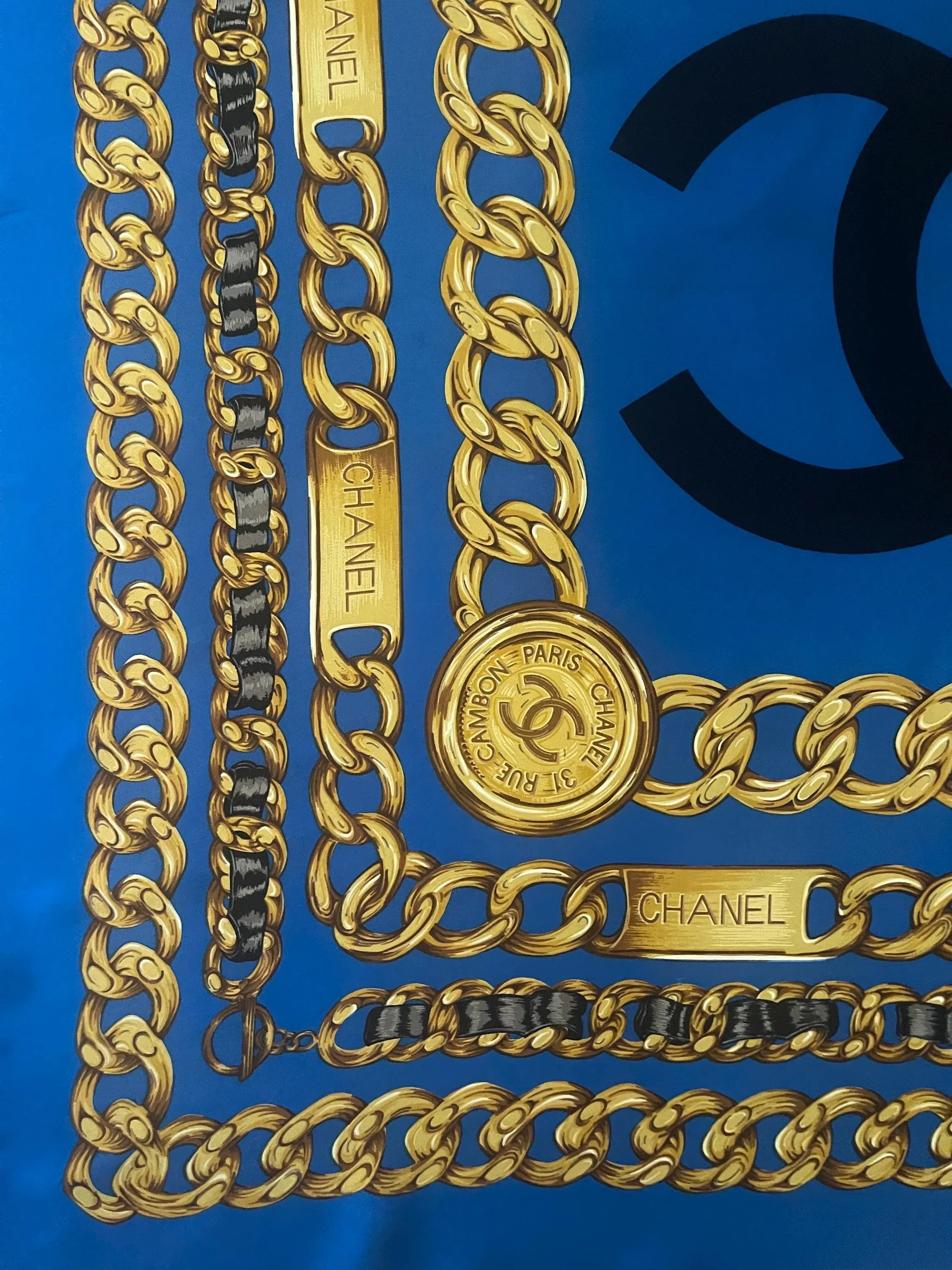 Chanel Blue Chain Silk Scarf | Chairish