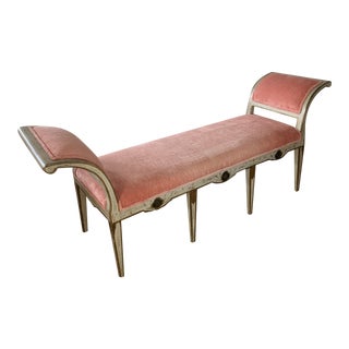 Handpainted Gustavian Style Bench With Flared Arms and Luxe Coral Velvet Upholstery For Sale