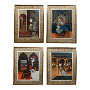 Late 20th Century Alvar Sunol Renaixent Renaissance Embossed Surrealist Lithograph Prints - Set of 4