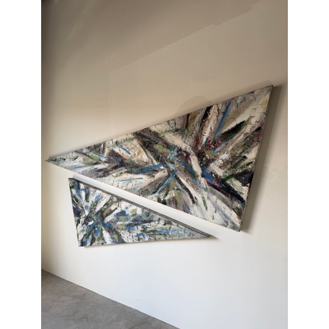 Oversized 1989 Vintage Textured Expressionist Abstract Acrylic on Canvas Geometric Paintings – Pair For Sale - Image 9 of 16