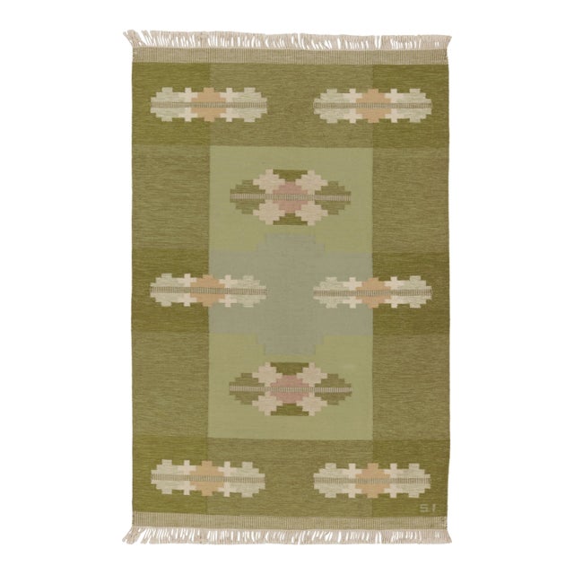 Signed Vintage Swedish Kilim by Ingegerd Silow in Green & Beige - Rug & Kilim For Sale