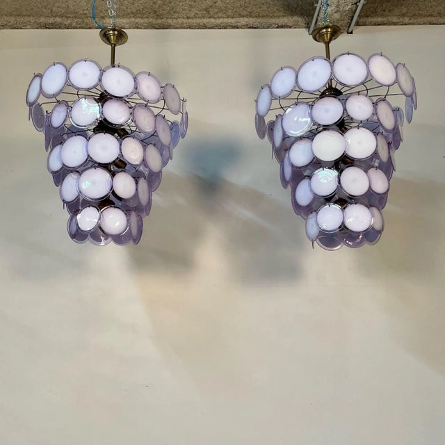 Murano Disc Mid-Century Modern Tiered Chandelier, Antiqued Brass, New Wired; Lavender, Multiple colors available. After...