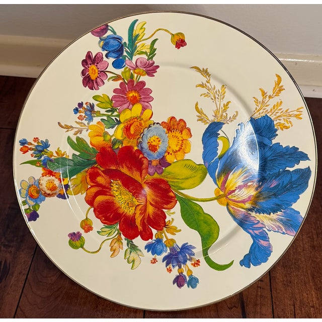 Metal Large 16” MacKenzie-Childs Flower Market Pedestal Cake Stand W/ Courtly Check Base For Sale - Image 7 of 10
