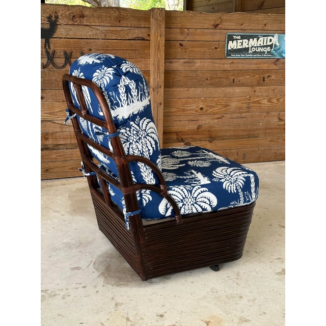 English Vintage Braxton Culler Stacked Rattan Swivel Lounge Slipper Chair in Thibaut Fabric For Sale - Image 3 of 13