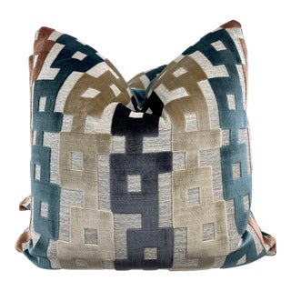 Kravet Couture "Chain Velvet in Clay/Teal 22" Pillows-A Pair For Sale